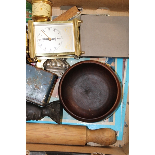 117 - A collection of household items to include metalware horse and iron, rolling pin, butlins posters et... 