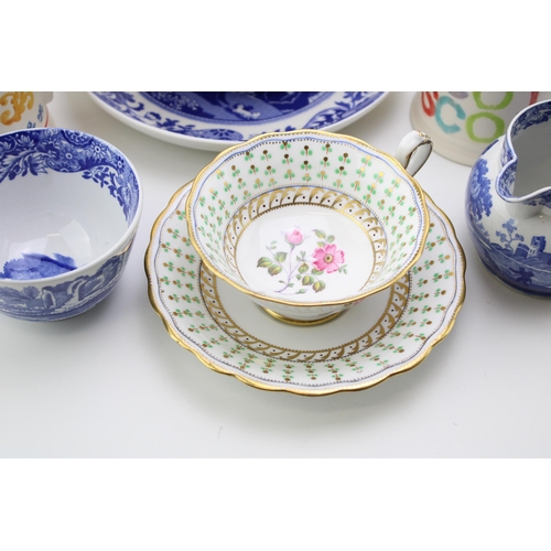 143 - Pottery to include an oversized Spode breakfast cup and saucer, three Emma Bridgewater self painted ... 