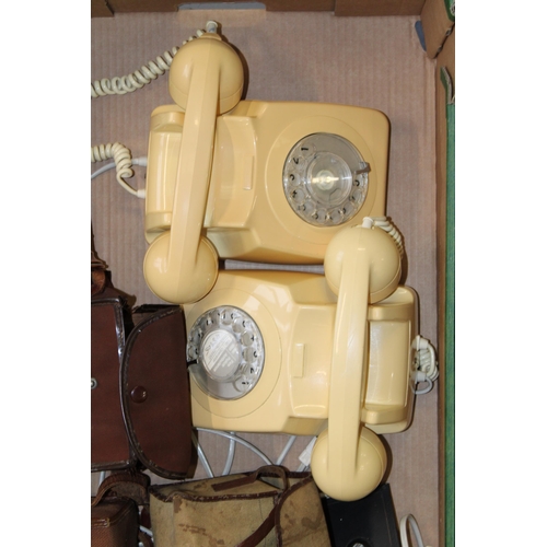 167 - Two vintage rotary dial telephones together right a copper tea measure and three box brownie type ca... 