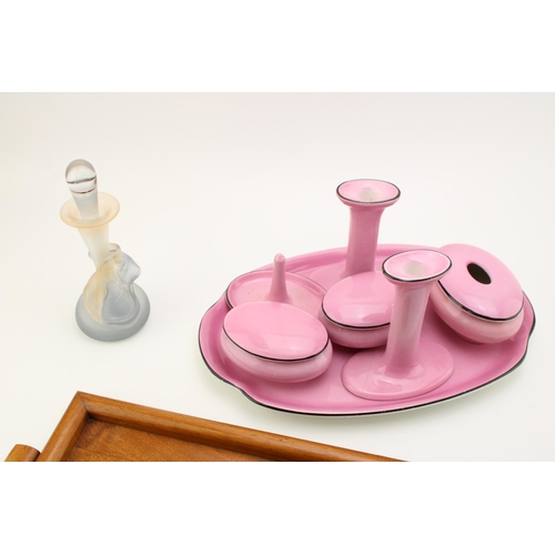 47 - A mixed collection of items to include a pink ceramic dressing table set and a glass scent bottle to... 