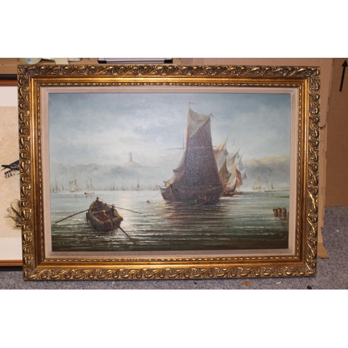 62 - R Volkov oil on board, ships under sail in gilt frame. 49cm x 75cm