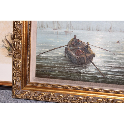 62 - R Volkov oil on board, ships under sail in gilt frame. 49cm x 75cm