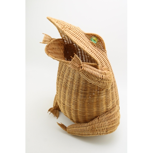 70 - A vintage mid century modern Frog Shaped Wicker / Rattan waste paper Basket with glass marble eyes, ... 