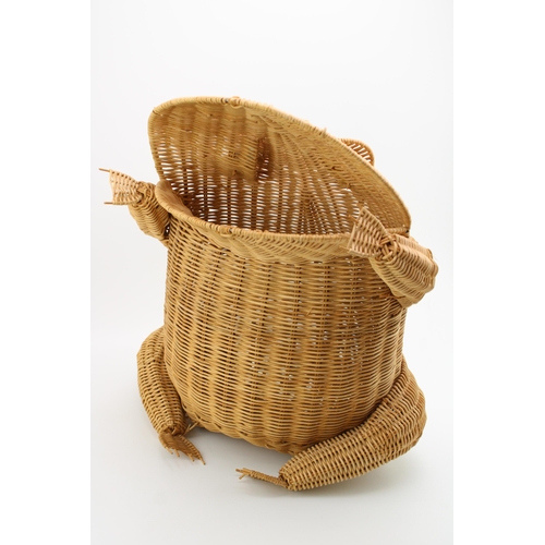 70 - A vintage mid century modern Frog Shaped Wicker / Rattan waste paper Basket with glass marble eyes, ... 