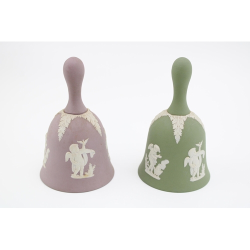 72 - A Wedgwood Jasperware bell in lilac together with another example in sage green colour way. Height 1... 