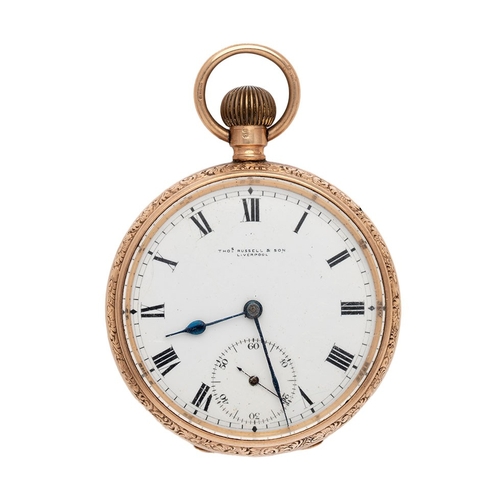 1 - A 9ct gold open faced pocket watch, keyless wind, by Thomas Russell and Son Liverpool, the white ena... 