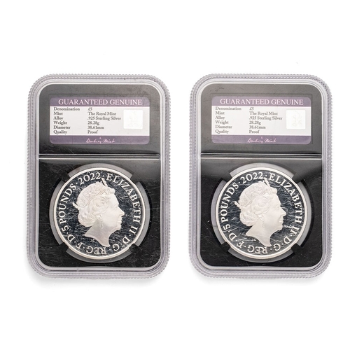 108 - The Queen's Reign Sterling Silver Royal Mint silver £5 coins, each weighing 28.28g (2).