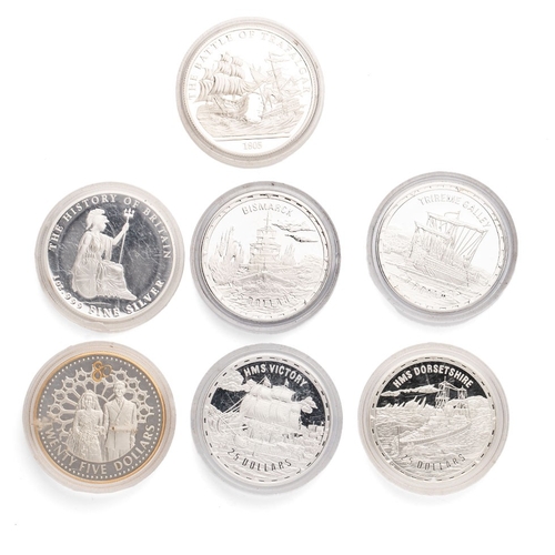 109 - A collection of seven sterling silver coins, mostly proofs, to include 'The History of Britain', 'HM... 