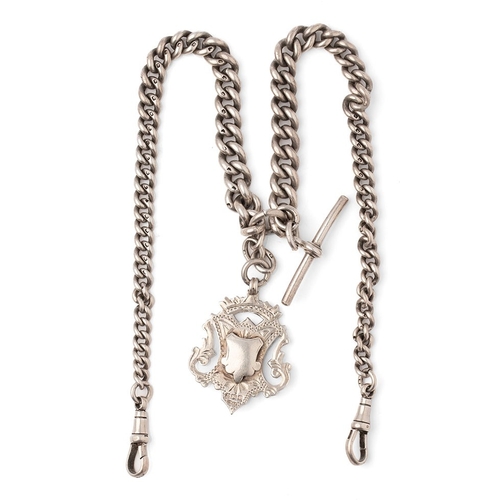 133 - A silver double Albert graduated watch chain, each link hallmarked with silver T bar, silver fob and... 