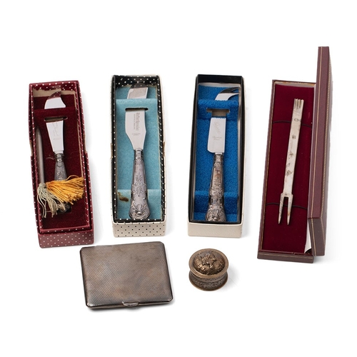 140 - A group of silver items, comprising a Francis Howard silver pickle fork, a silver cigarette case wit... 