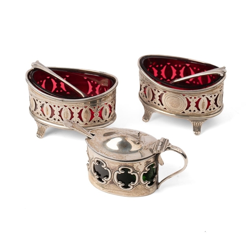 152 - A pair of silver Walker & Hall table salts with cranberry glass liners hallmarked Sheffield 1896. to... 