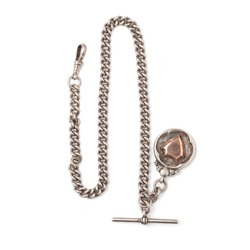 166 - A silver graduated Albert watch chain, each link hallmarked, silver T bar with silver fob with rose ... 