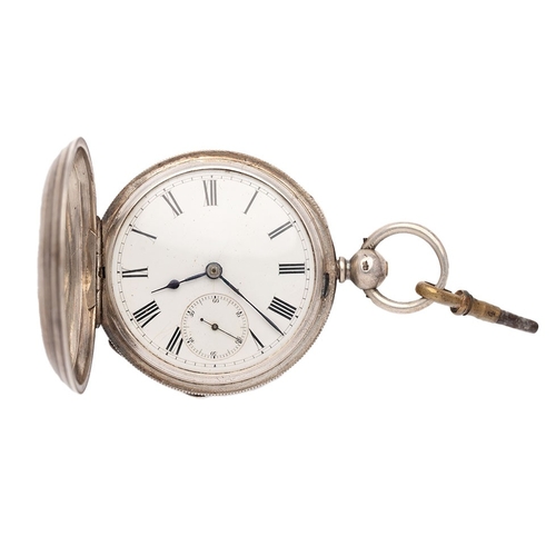 18 - Silver full hunter pocket watch, Chester 1875, winds and runs, 54mm wide.