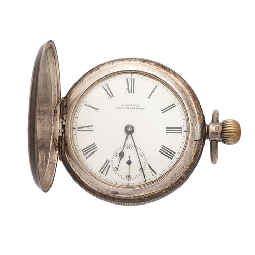 19 - Silver full hunter pocket watch, Birmingham 1901, Waltham Mass, non working, top wind, 52mm diameter... 