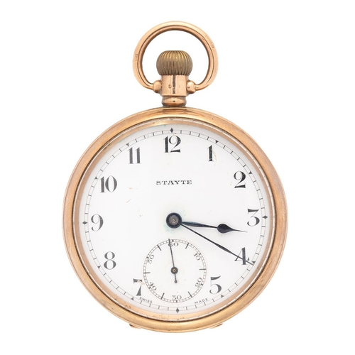 2 - A 9ct gold cased, open faced, keyless wind pocket watch by Stayte, the signed enamel dial with Arabi... 