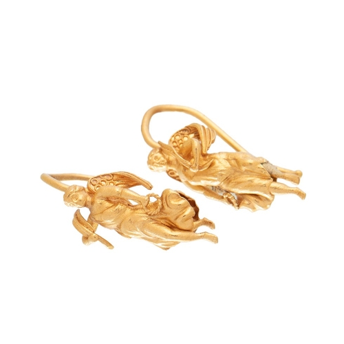 207 - A pair of high carat, likely 22ct gold earrings formed as angels in the Renaissance style, total wei... 