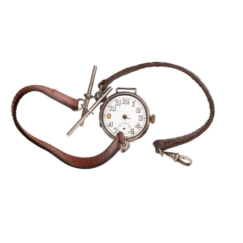 21 - A silver 925 cased trench style watch, missing hands, with two later leather albert chains (3).