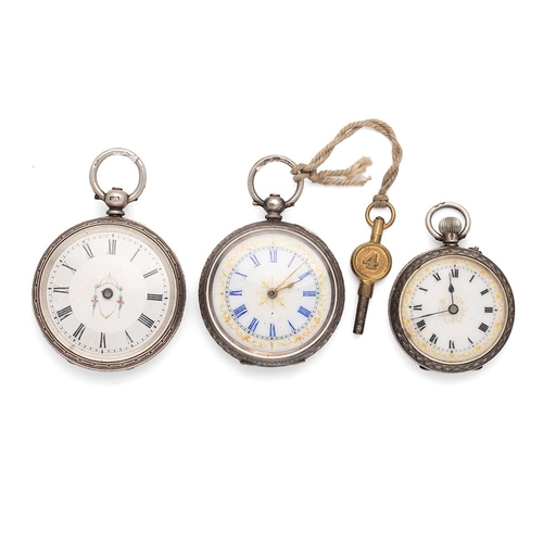 23 - Three silver lady's fob watches, two sterling and one 0.935, ornate decoration, largest 39mm (3).