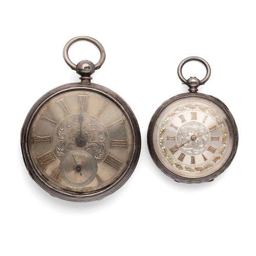 24 - Two silver pocket watches, yellow metal coloured numerals, both key wind, largest 54mm (2), both unt... 