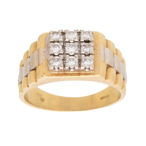 A gentleman's 18ct bi-colour gold and diamond watch ring, the square face set with nine diamonds totalling approximately 0.5ct, with watch link detail to the shoulders,  size T, 10.0g.