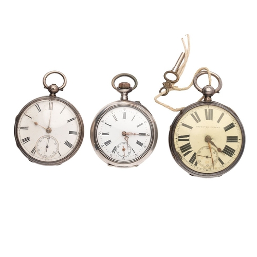 29 - Three silver pocket watches to include an Improved Patent and two others, one top wind (running) wit... 