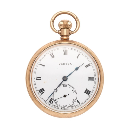 3 - A 9ct gold cased, keyless wind, Vertex pocket watch, the signed dial with Roman numerals, minute tra... 