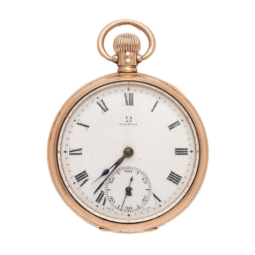 4 - An Omega, 9ct gold-cased, keyless wind, open faced, pocket watch, the signed dial with Roman numeral... 