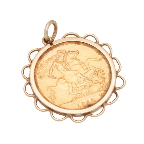 420 - 22ct gold Full Sovereign set in 9ct gold loose pendant mount, 1966, 9.8g