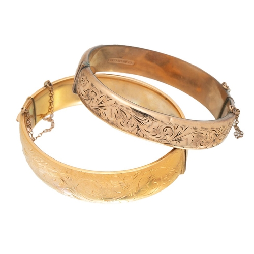 421 - Two x 9ct gold plated bangles, one stamped 1/5th 9ct, the other 9ct metal core, 48.9g