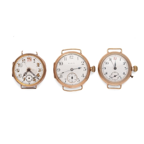 47 - A group of three 9ct gold cased transitional or trench watches, including one with Elgin movement, s... 