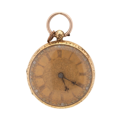 5 - An 18ct gold cased, open faced pocket watch, the engraved dial with Roman numerals to the chapter ri... 