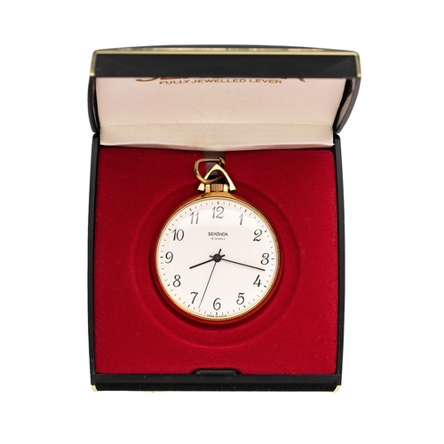 53 - Sekonda cased 19 Jewels pocket watch with watch chain, boxed, winds, ticks and runs.