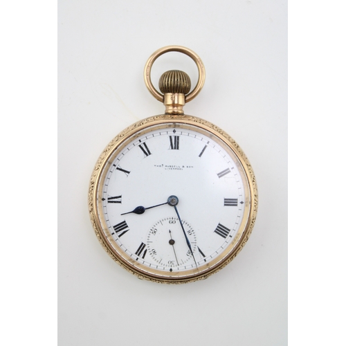 1 - A 9ct gold open faced pocket watch, keyless wind, by Thomas Russell and Son Liverpool, the white ena... 