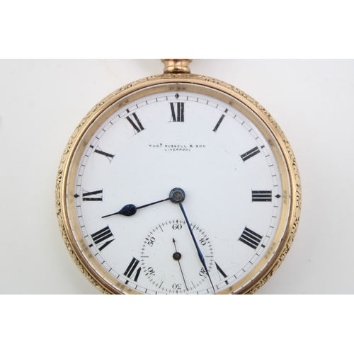 1 - A 9ct gold open faced pocket watch, keyless wind, by Thomas Russell and Son Liverpool, the white ena... 