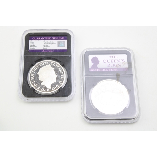 108 - The Queen's Reign Sterling Silver Royal Mint silver £5 coins, each weighing 28.28g (2).