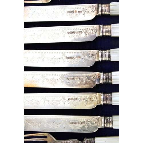 150 - A cased set of Victorian mother of pearl handled silver cutlery, to include twelve knives and twelve... 