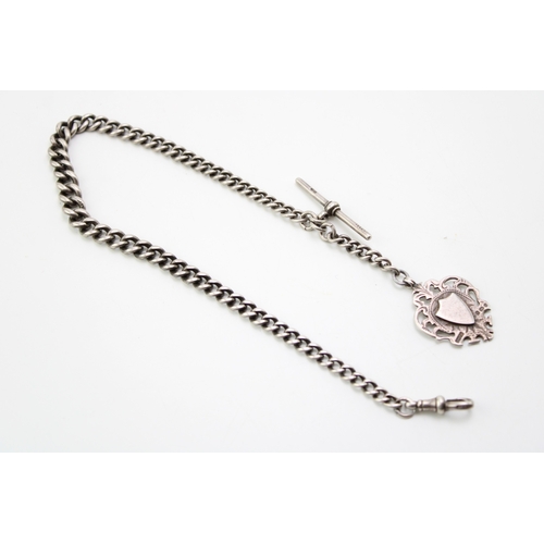 168 - A silver graduated Albert watch chain, each link hallmarked, silver T bar with silver fob, blank bac... 