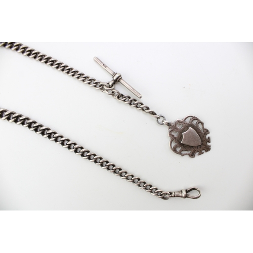 168 - A silver graduated Albert watch chain, each link hallmarked, silver T bar with silver fob, blank bac... 