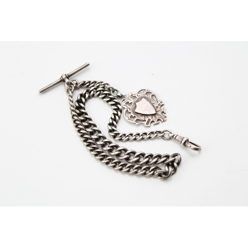 168 - A silver graduated Albert watch chain, each link hallmarked, silver T bar with silver fob, blank bac... 