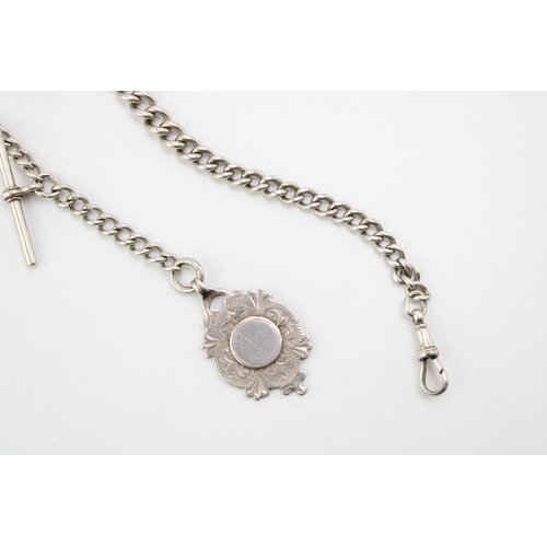 169 - A silver graduated Albert watch chain, each link hallmarked, silver T bar with silver fob, blank bac... 