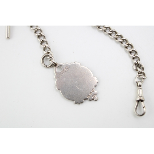 169 - A silver graduated Albert watch chain, each link hallmarked, silver T bar with silver fob, blank bac... 