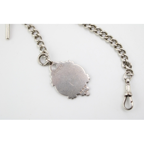 169 - A silver graduated Albert watch chain, each link hallmarked, silver T bar with silver fob, blank bac... 