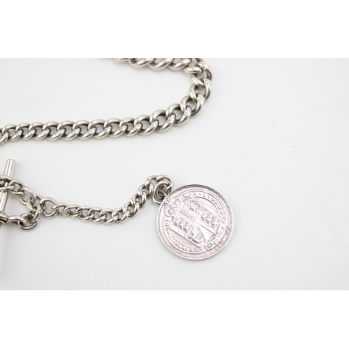 170 - A silver graduated Albert watch chain, each link hallmarked, silver T bar with silver Victorian 1899... 