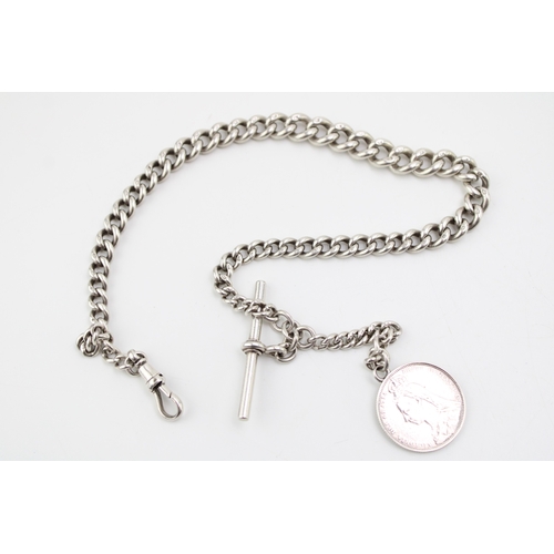 170 - A silver graduated Albert watch chain, each link hallmarked, silver T bar with silver Victorian 1899... 