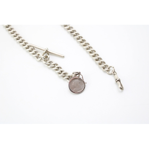 171 - A silver graduated Albert watch chain, each link hallmarked, silver T bar with silver coin fob and l... 