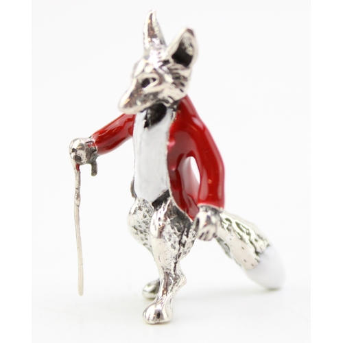 174 - Contemporary silver miniature figure of a walking fox with red hunting jacket, 12g, 34mm tall.