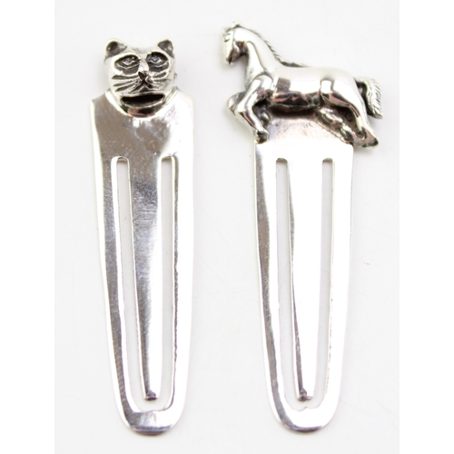 176 - Two silver bookmarks, one with a horse finial, the other a cat's head (2), 4.5cm tall.