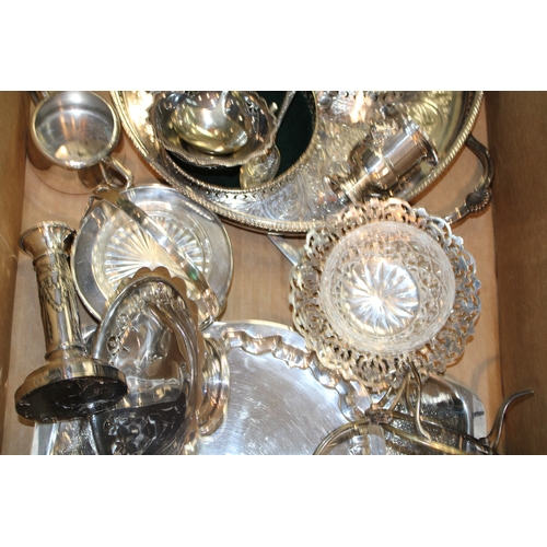 182 - A collection of silver plated items to include, candle stick, drinks tray, wine coasters, bon-bon di... 