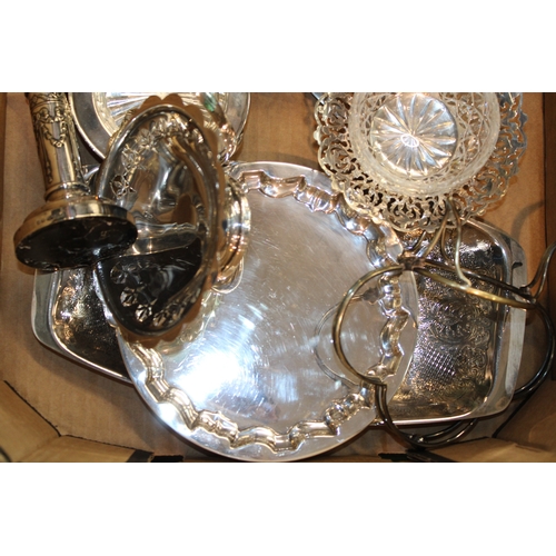 182 - A collection of silver plated items to include, candle stick, drinks tray, wine coasters, bon-bon di... 