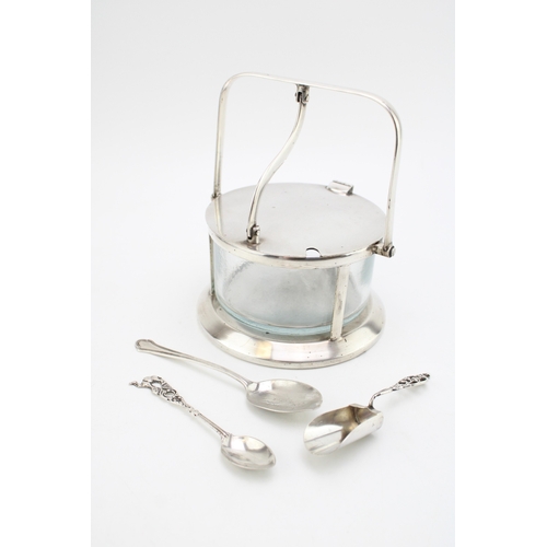 188 - A silver plated jam / condiment server by Curzon Group together with a sterling silver spoon and two... 